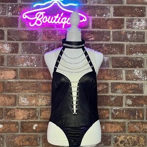 Black/Silver Accents Leather Cut-Out Bodysuit